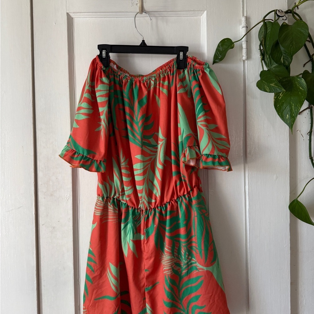 SHEIN Red and Green Leaf Print Midi jumpsuit romper